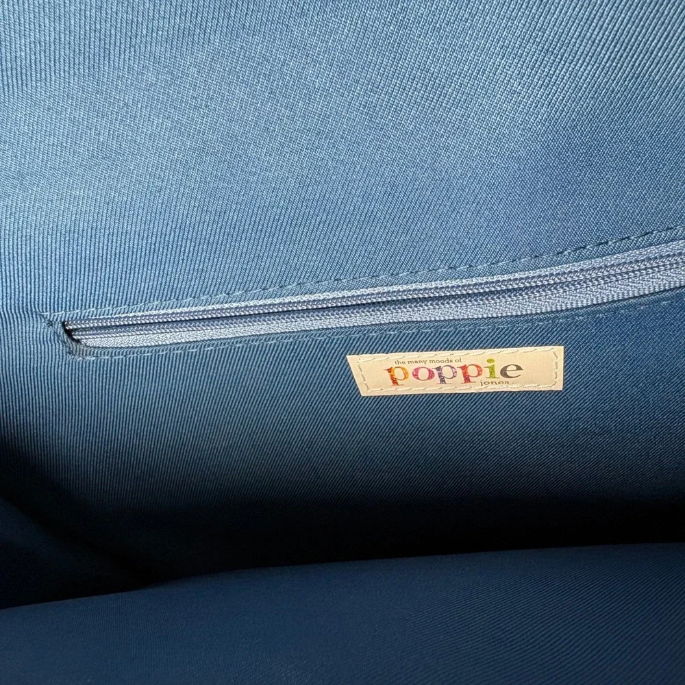 Poppie Jones Navy Blue Tan Woven Straw Geometric Envelope Clutch Chain Strap